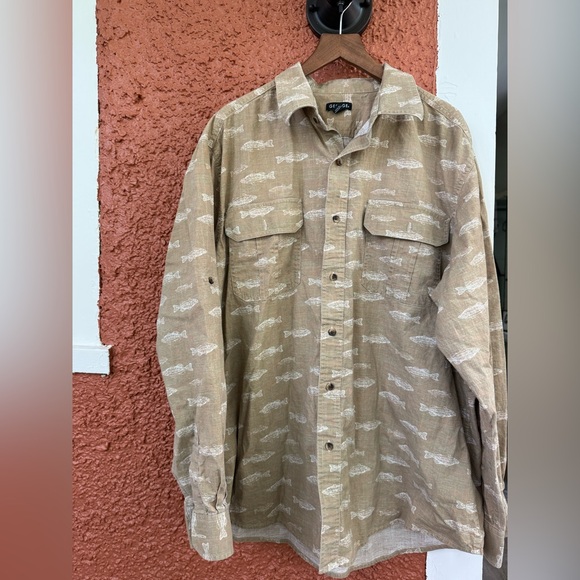 Fishing Camp Shirt XL Button Front Long Sleeve Tan White Fish George 100% Cotton - Picture 1 of 4